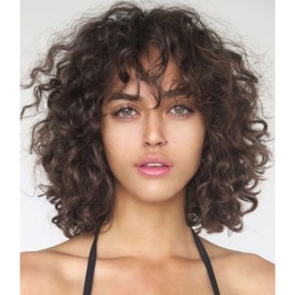 Siudus Short Brown Curly Wig for Women with Fringe Shoulder Length Natural Synthetic Hair Wigs for Daily Party Use