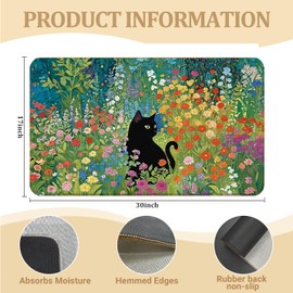 WARDOS Floral Black Cat Welcome Door Mat, Cats Lover Door Mat, Cat Floral Doormat for Front Door Porch Outdoor Indoor Entrance, Cats in Colorful Wildflower Decor for Bedroom Bathroom, 17x30 Inches