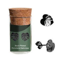 Hypoallergenic Monstera Deliciosa Plant Metal Earring Studs (Black Plated)