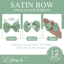 LiBongTa Moss Green Ribbon Bows 4'' Premade Satin Bow, Gift Bows with Rhinestone, Wrapping Bows for Presents, Greeting Cards, Treat Bags, Wine Bottles, Christmas Bows for Gift Wrapping-12 Counts