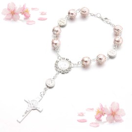 Floatdream Pack of 5 Cross Christian Rosary Bracelets, Cross Christian Bracelets, Cross Bead Bracelets, for Birthdays, Confirmations, Communions, Christenings, Parties (Pink)