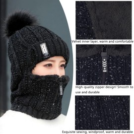 WANYIG 2 in 1 Winter Knitted Hat Scarf Hat Set Winter Hat Beanie Women's Warm Loop Knitted Scarf Windproof Cap with Fleece Lining 55-60 cm, black