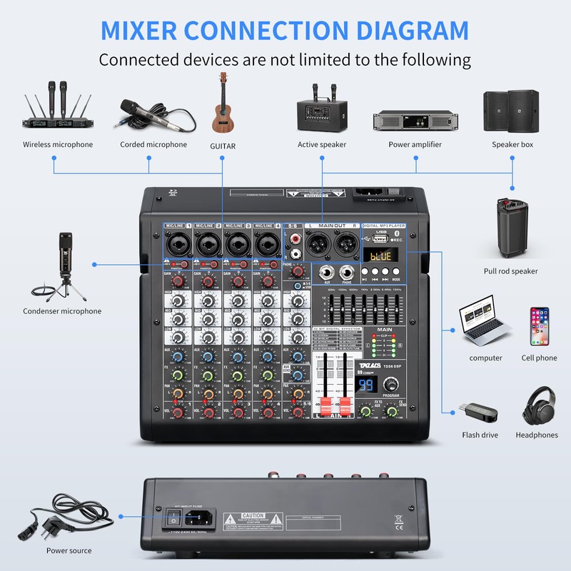 TKLBLS Audio Mixer, 6-Channel Professional DJ Mixer with 99-Bit DSP