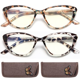 EYEURL Cat Eye Reading Glasses for Women -2 Pack of Blue Light Blocking Readers Spring Hinge Computer Eyeglass with Tortoise/Champagne Pattern Design Readers for women +2.25