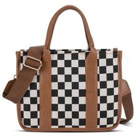 Checkered Purse,Canvas Tote Bag Checkered Crossbody Bag for Women Black and White Slouchy Shoulder Bag for Work/Travel (B-BROWN)