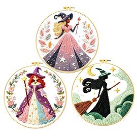 Zhenqing 3-Pack Witch Embroidery Kit for Beginners, Fantasy Magical Needlework Set with Pre-Printed Fabric, Hoop, Threads & Tools, Halloween Decor (C0181)