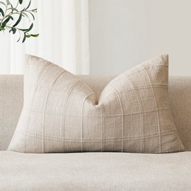 Foindtower Set of 1 Decorative Linen Check Throw Pillow Cover Neutral Farmhouse Lumbar Cushion Cover Modern Boho Home Decor for Sofa Chair Couch Bedroom Living Room,12×20 Inch,Natural Beige