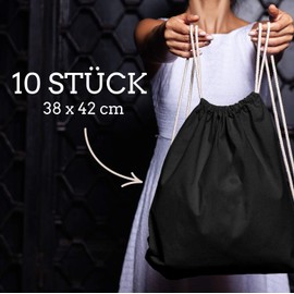 Cotton bag, pack of 10, 38 x 42 cm, sports bag, backpack, fabric bag, gym bag, bag, cotton bag, jute bag, Oeko-Tex® certified fabric bag, shopping bag, gym bag, paintable bag, black, 38 x 42 cm