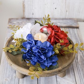 2 Pack 4th of July Wreaths Artificial Hydrangea Candle Rings Holder,Patriotic Red, White and Blue Floral Decoration, 3 Inch Center for Pillar Candle Table Centerpiece (Multicolor)