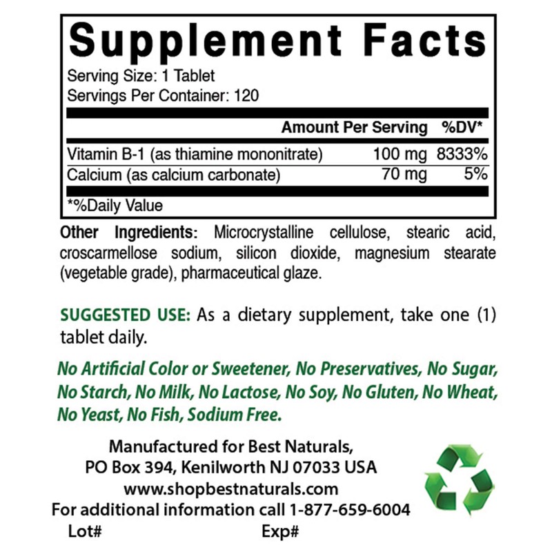 Best Naturals Vitamin B1 as Thiamine Mononitrate 100 mg 120