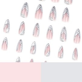 French Tip Press on Nails Medium Almond Fake Nails Silver 3D Full Cover Glue on Nails French Tip Oval Acrylic False Nail Glossy Artificial Nail Reusable for Women