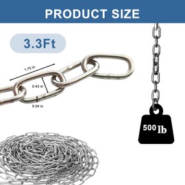 Heavy Duty Security Chain 1/4 in x 3.3 ft, Cut Proof Chain Made of Hardened Alloy Steel Chain, Thick Steel Chain for Hanging Plant, Pet, Anchoring, Towing for Bicycles, Moped