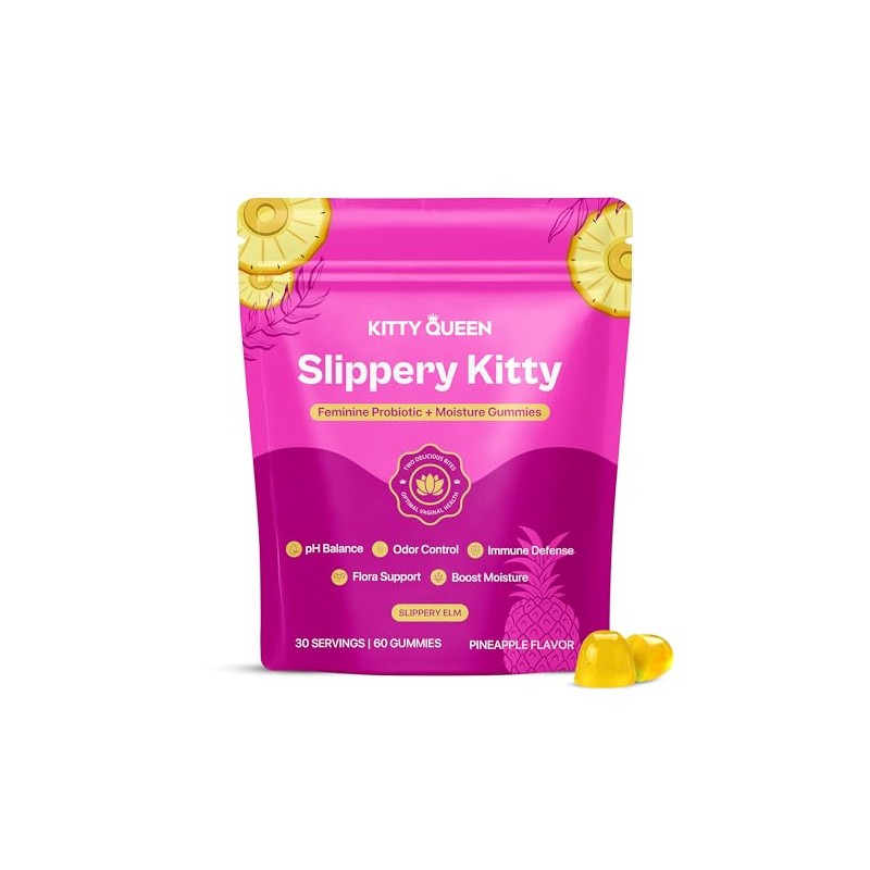KITTYQUEEN Slippery Kitty Feminine Probiotic and Moisture Gummies, Pineapple Flavor,