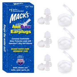 Tapones para los oídos de natación AquaBlock de Mack, 3 pares, cómodos, impermeables, tapones de silicona reutilizables para nadar, bucear, ducharse, surfear y bañarse (transparente)