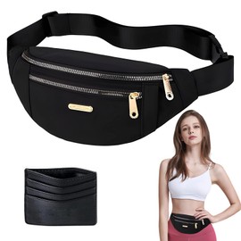 ZcrPrn Black Bumbag, 2 PCS Fanny Pack For Women Men, 2-Zipper Pockets Waist Bag With Black Card Holder, Adjustable Waterproof Large Capacity Belt Bag For Daily Use Sports Outdoor Running Travel