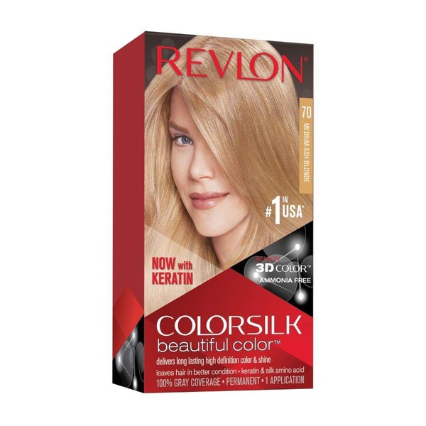 Revlon Colorsilk Beautiful Color Permanent Hair Color with 3D Gel Technology & Keratin, 100% Gray Coverage Hair Dye, 70 Medium Ash Blonde