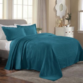 Superior Cotton 3-Piece Bedspread Set, Oversized Bedspread, 2 Pillow Shams, Medium Weight Blanket, Home Bed Decor, Warm Bedding, Medallion Scroll, Matelasse Woven, Florin Collection, King, Deep Sea