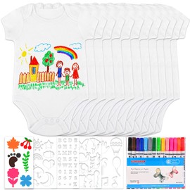 Tigvio Pack of 12 Bibs for Painting, Baby Bodysuit for Painting for Baby Shower, Bibs Painting with 12 Baby Bodysuit (38 x 21 cm) + 14 Colourful Textile Pens + 5 Stencils for Baby Shower Games Baby