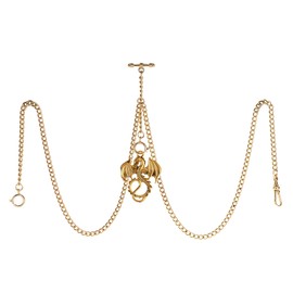 TREEWETO Men's Double Albert Chain Pocket Watch Curb Link Key Chain 3 Hooks with Antique Dragon Gold Pendant Design Charm Fob T Bar