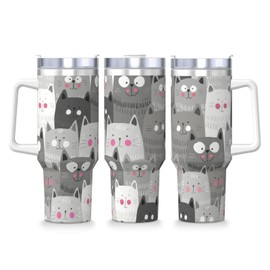 PTONUIC Cat Pattern 40 oz Tumbler with Handle and Straw Lid | Insulated Cup Reusable Stainless Steel Water Bottle Travel Mug Cupholder Friendly | Gifts for Women Men Him Her