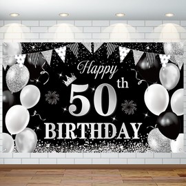 50th Birthday Decorations for Men Women Happy 50th Birthday Banner Large Size Black Silver Birthday Backdrop Banner for 50 Years Old Anniversary Birthday Party Photo Prop Booth Background Deco