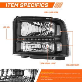 PM PERFORMOTOR Pair of Headlights Compatible with Ford F-250 F-350 F-450 F-550 Super Duty Excursion 2005 2006 2007, with White LED Running Light Strip, Black Housing Clear Corner