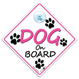 Dog On Board Sign, Dog on Board Car Sign, Pink Dog Car Sign, Fur Baby Sign, High Visibility Dog Car Sign With Suction Cup to Notify of Dog in Vehicle 14 cm x 14cm x 2cm