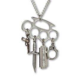 Real Metal Knucks Charm” With Four Additional Mini Charms Silver Finish Pendant Necklace