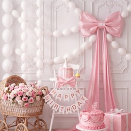 Hotop Large Pink Satin Bow Decoration with 100 Pcs White Link Balloons