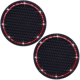 MEAJOO 2PCS Bling Cup Holder Coaster, 2.75 Inch Auto Car Cup Holder Insert Coasters, Soft Silicone Anti-Slip Shockproof, Universal Vehicle Interior Accessories for Women Girls (Black & Red)