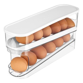 Belle Vous 2-Level Automatic Egg Dispenser - Egg Storage Fridge - Space Saving Egg Holder Fridge - Roll Down Egg Box - Egg Container