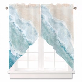 AYTTBIS Coastal Beach Swag Curtain Valance for Windows,Sand Wave Blue Teal Window Treatments Short Swag Topper for Kitchen Windows Bathroom Bedroom,28 x 36 Inch