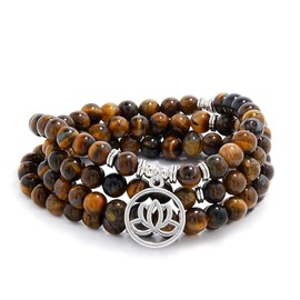 Lotus Flower Gifts Mala Beads 108 Healing Bracelet Necklace Meditation Accessories (Brown Tiger Eye)