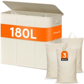 Lifewit Triple Laundry Hamper with Lid and Removable Laundry Bags, Large Collapsible 3 Dividers Dirty Clothes Basket with Handles for Bedroom, Laundry Room, Closet, Bathroom, College, 180L White