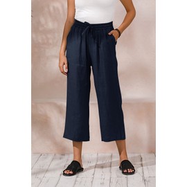 ECUPPER Womens Casual Loose Linen Elastic Wasit Ankle Pants Plus Size Cropped Trousers Dark Blue 5XL