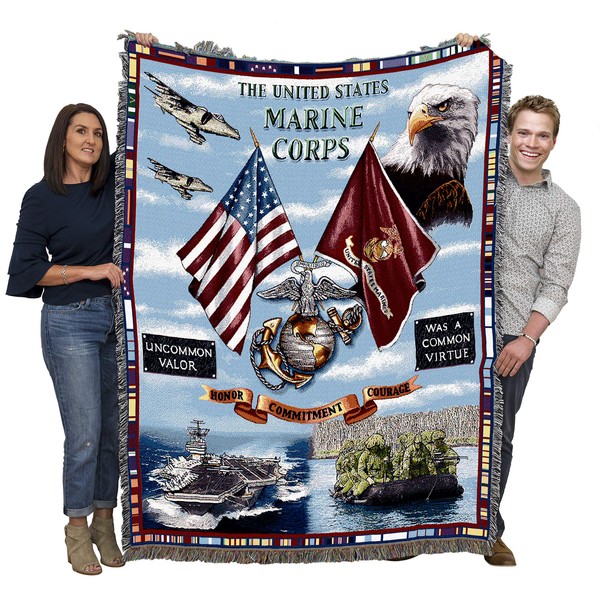 US Marine Corps - Land Sea Air - Cotton Woven Blanket Throw - Made in The USA (72x54)