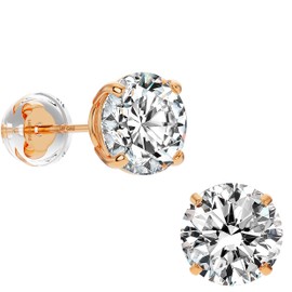 Real Solid 14k Gold Solitaire Round Cubic Zirconia CZ Stud Earrings, 8mm, Rose Gold, Cubic Zirconia