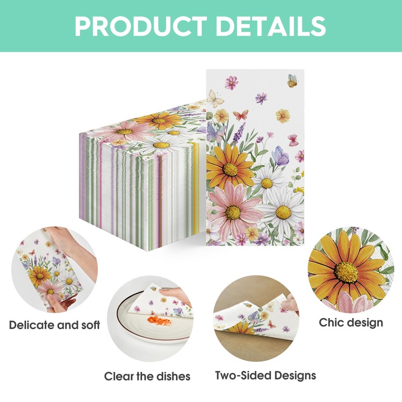 100 Spring Summer Disposable Paper Decorative Guest Napkins, Floral and