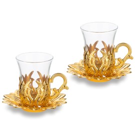 Alisveristime (Set of 2) Turkish Tea Set with Zamac Holders, Glass Cups, and Saucers – Ahsen Ottoman Design, 100ml Capacity, Available in Gold or Silver Color (Gold)