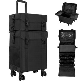 OUUTMEE 2 in 1 Makeup Travel Case, Makeup Rolling Case with Wheels, Makeup Artist Cosmetic Organize Travel Cosmetology Train Case with Drawer Bins