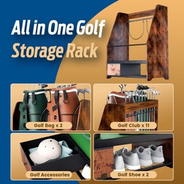 Ponsonbay Golf Bag Organizer Storage for 2 Bags with Drawer – Easy Assemble Golf Club Stand Ideal for Garage, Clubs and Basement (Retro)