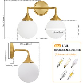 Ritakcdn Gold Bathroom Light Fixtures, Modern Vanity Lighting Over Mirror, Mid Century Modern Matte Black Wall Sconce 2-Light with Milky White Glass Ball Shades