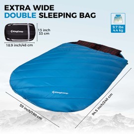 KingCamp Double Sleeping Bag for Adults, Queen Size 2 Person XXL Flannel Sleeping Bag, Lightweight Waterproof with 2 Pillows & Compression Sack for Couples & Family Camping, Blue