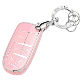 for Dodge Challenger Key Fob Cover - 3 4 5 Buttons Soft TPU Key Fob Case for Durango Charger Jeep Grand Cherokee Renegade Compass Comander Full Protection Car Key Cover with Bling Keychain