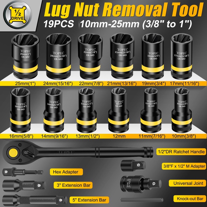 Topec 1/2" Drive Lug Nut Removal Tool, 19-Piece 10-25mm, Impact