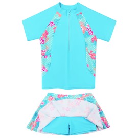Girls Rash Guard Swimsuits Set 2 Pcs Bathing Suit UPF50+ Short Sleeve Kids Beach Swimming Skirts with Shorts Swimwear 3-12Y, Stylish Cyanflower, 3-4T