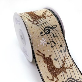 Designer’s Shop Christmas Musical Glitter Reindeer on Burlap Wired Edge Ribbon WR 63-5173 2.5” x 10 Yard for DIY Crafting, Home Décor