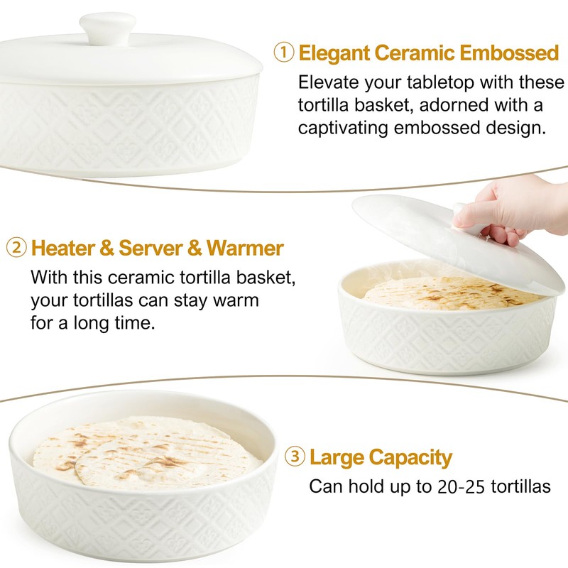Large Tortilla Warmers with Lid, Embossed Ceramic Tortilla Holder Servers
