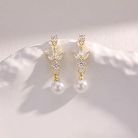 Evabell Gold Pear Drop Earrings for Women Wedding Bridesmaid Bride Earrings Trendy Dainty Cute Dangle Drop Jewelry for Mother Daughter Wife (Style01-pearl leaf)