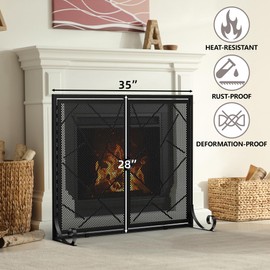 VALONDINO Fireplace Screen with Doors 35 * 28in, Fireplace Screen with Line Pattern, 2-Pannel Handmade with Magnetic Panel Spark Protection Cover, Suitable for Living Room, Children and Pet Safety